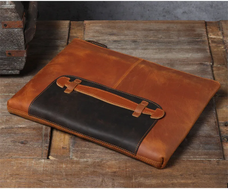 Vintage genuine leather men's large-capacity A4 file clutch bag simple natural real cowhide work tablet computer storage bag