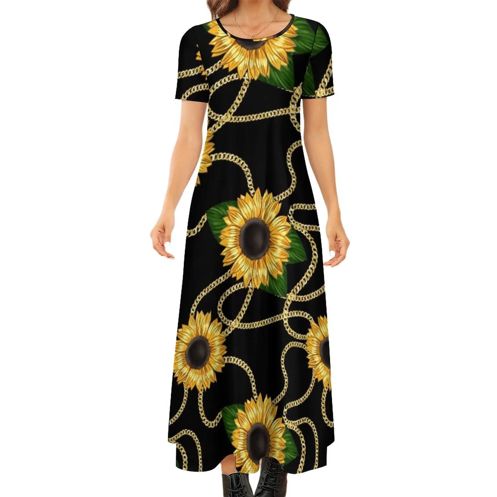 

Gold Chains Print Dress Yellow Sunflowers Modern Maxi Dress Woman Short Sleeve Funny Bohemia Long Dresses Big Size 6XL 7XL