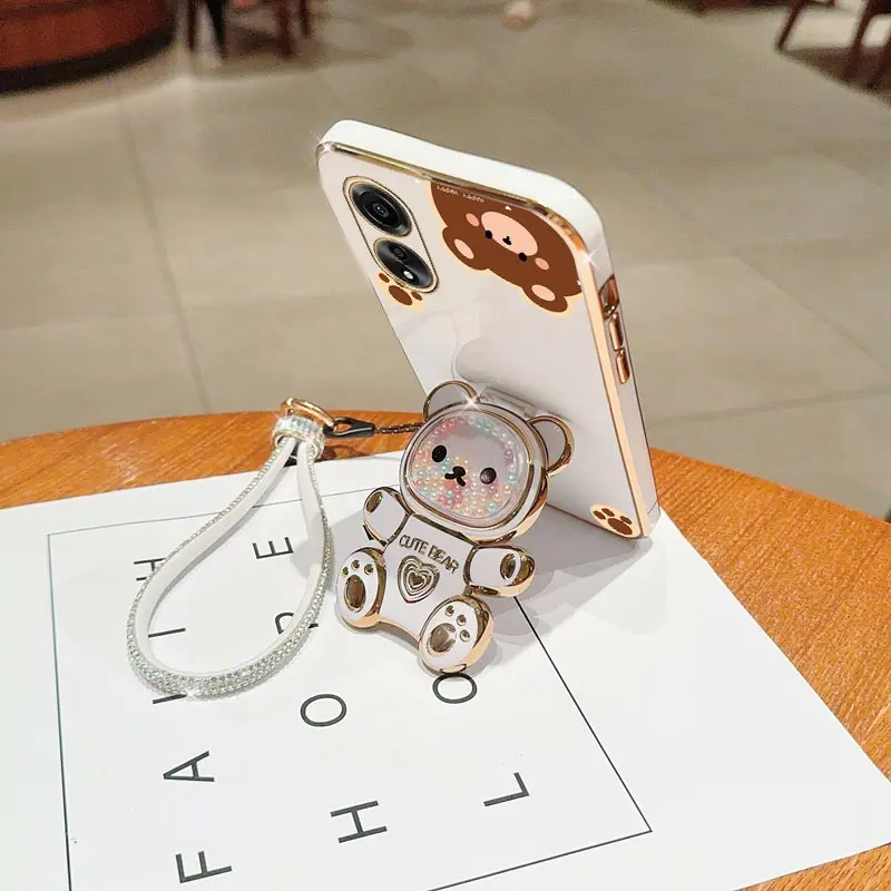 Diamond Wrist Strap Cute Bear Phone Holder Case On For Oppo A96 A97 A95 A94 A93S A92S A91 A83 A78 A74 A72 4G 5G Stand Back Cover