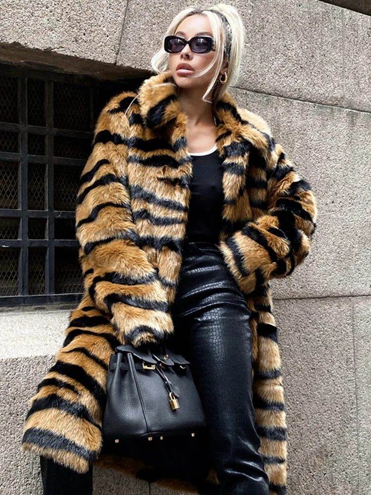Fashion 2022 Faux Fur Coat Imitate Tiger Stripes Long Overcoat Women Autumn Winter Long Jacket Streetwear Female Warm Outerwear