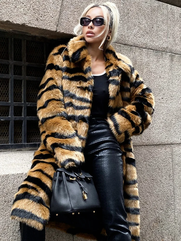 

Fashion 2022 Faux Fur Coat Imitate Tiger Stripes Long Overcoat Women Autumn Winter Long Jacket Streetwear Female Warm Outerwear