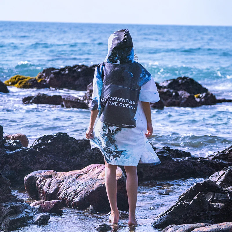 Фото Nu-June пончо для серфинга ветрозащитные пляжные халаты PADI быстросохнущие пеленальные халаты с морским принтом полотенце уличное пляжное пончо с капюшоном №4