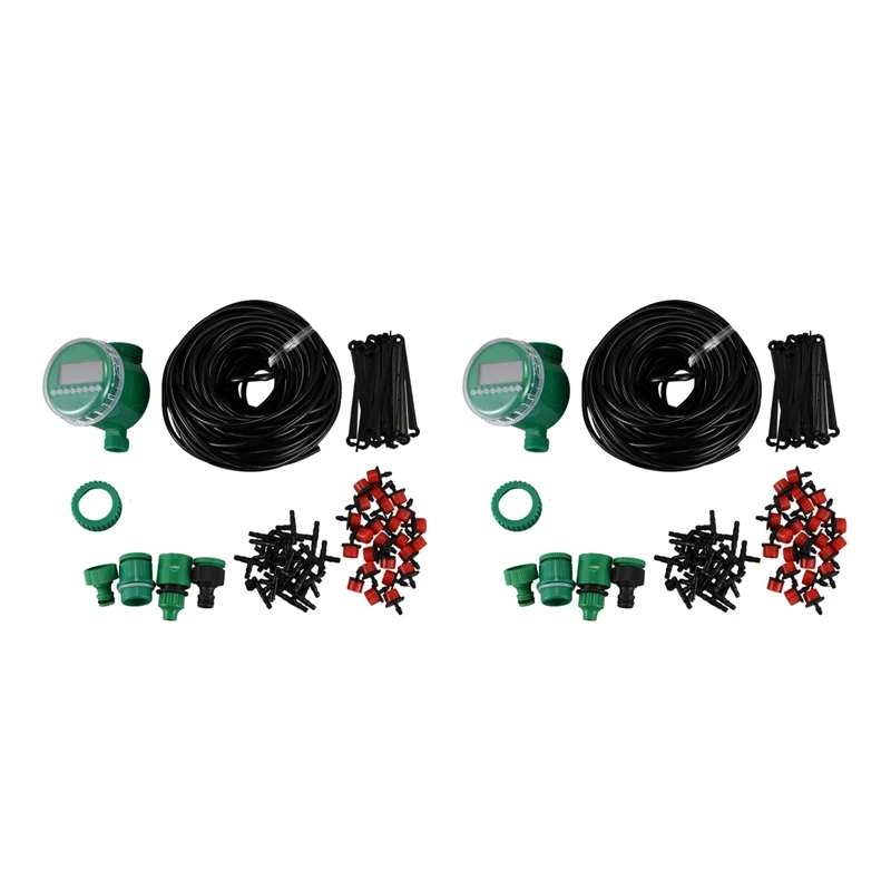 

2X, 25M Diy Mini Drip Irrigation System Plant Self Automatic Watering Timer Garden Hose Kits With Adjustable Dripper
