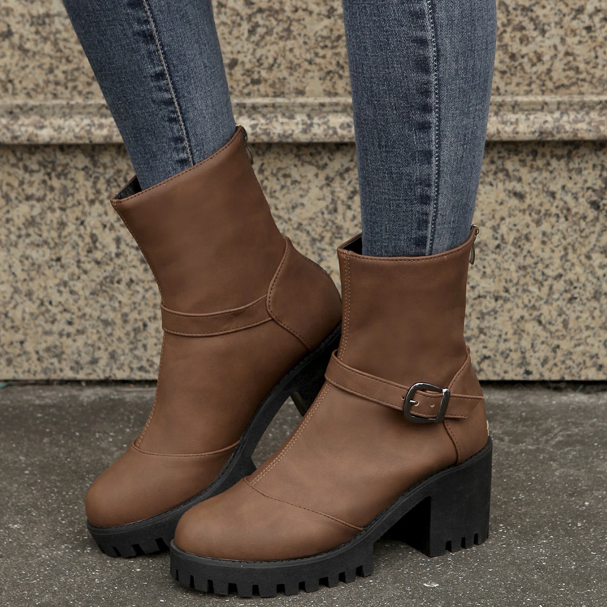 Женские ботинки с круглым носком на молнии сзади Нескользящие в британском стиле