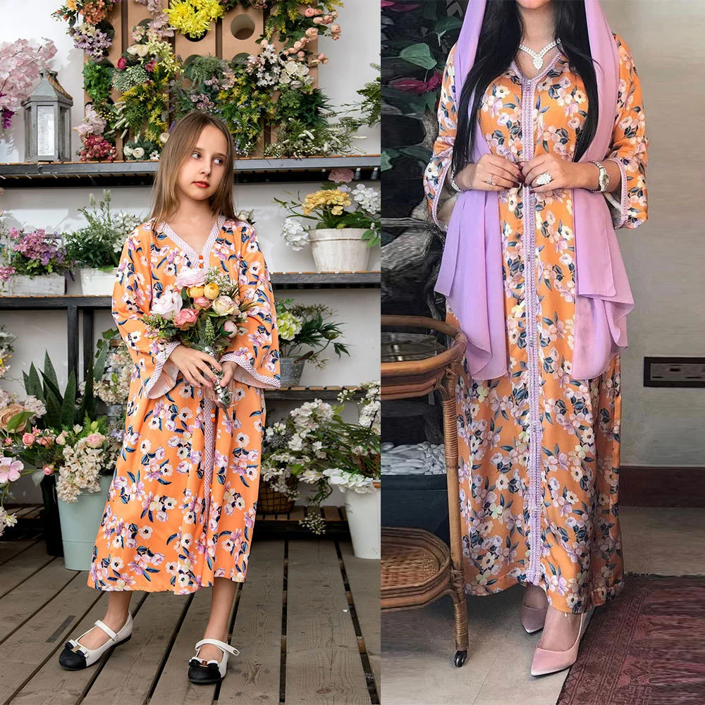 Платье-кимоно женское с цветочным принтом, мусульманский длинный хиджаб, абайя, для девочек