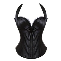 women sexy satin lace up corset with cup lingerie zipper side overbust corsets and bustiers party bow halter corset plus size