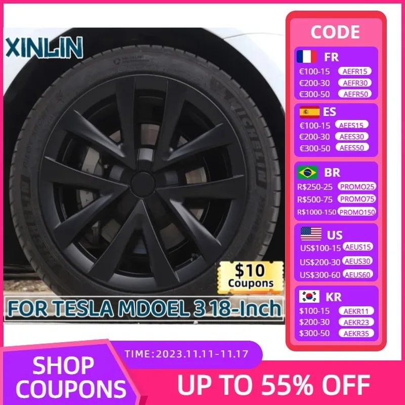 Колпачок на колесо 18 дюймов для Tesla Model 3, 4 шт., сменная колпачок на ступицу колеса, полная крышка обода, аксессуары 2020-2023 Колпачок на колесо 18 дюймов для Tesla Model 3, 4 шт., сменная колпачок на ступицу колеса, полная крышка обода, аксессуары 2020-2023