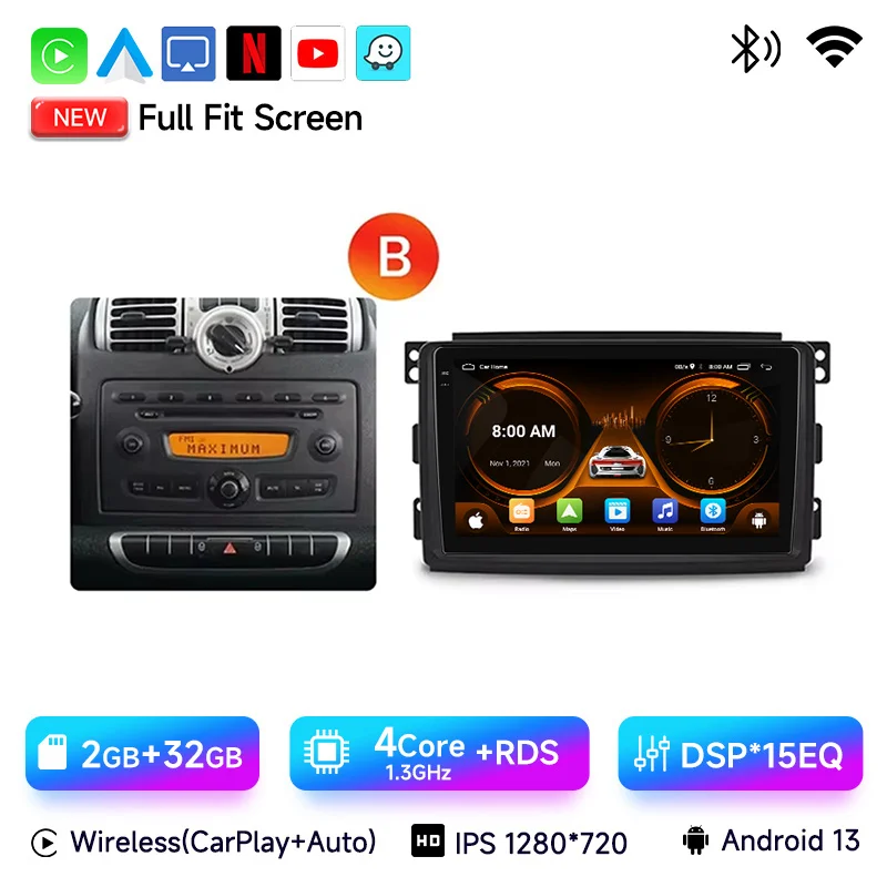 

JIUYIN Android Auto Radio Smart Fortwo 451 2005-2015 Беспроводной Carplay 4G Автомобильный мультимедийный GPS 2din авторадио