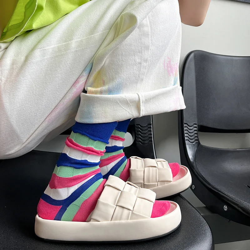 Spring/Summer New Socks with Stripes in the Middle Tube, Korean Student Pile Socks, Pure Cotton