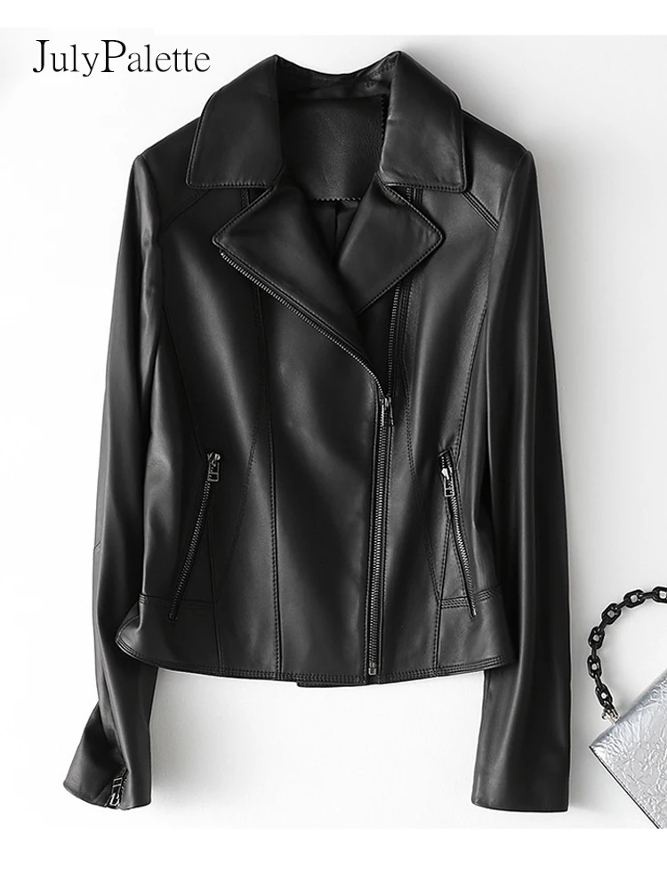 

Julypalette 2022 весенняя куртка из натуральной кожи, женские модные черные мотоциклетные куртки на молнии, облегающие Женские пальто из шкуры ягненка первого слоя