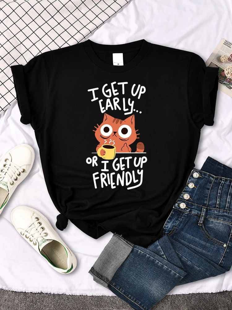 

I Get Up Are Lazy Cute Cat Women T-shirts Leisure Tops Breathable T Shirts Retro Breathable Streetwear Summer Female Tee Shirts