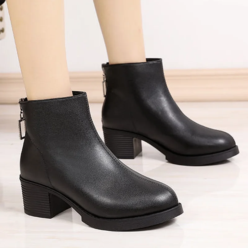 

2022Pu Leather Winter Boots Shoes Women's Ankle Boots Women Thick Heel Fashion Plus Cotton Warm Boots Women Boots Platform Shoes