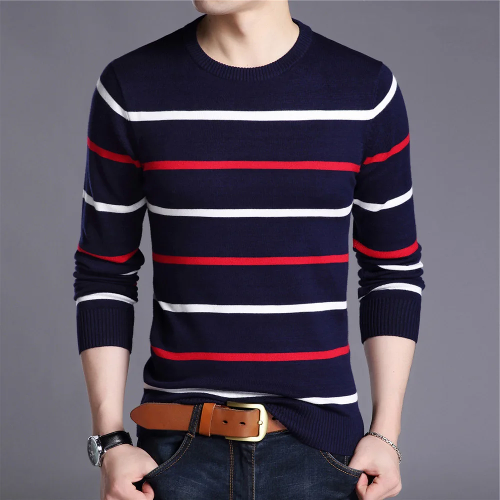 

Spring Autumn Sweater Men Fashion Casual Striped Knitted O Neck Pull Homme Cotton Knitwear Pullover Clothing