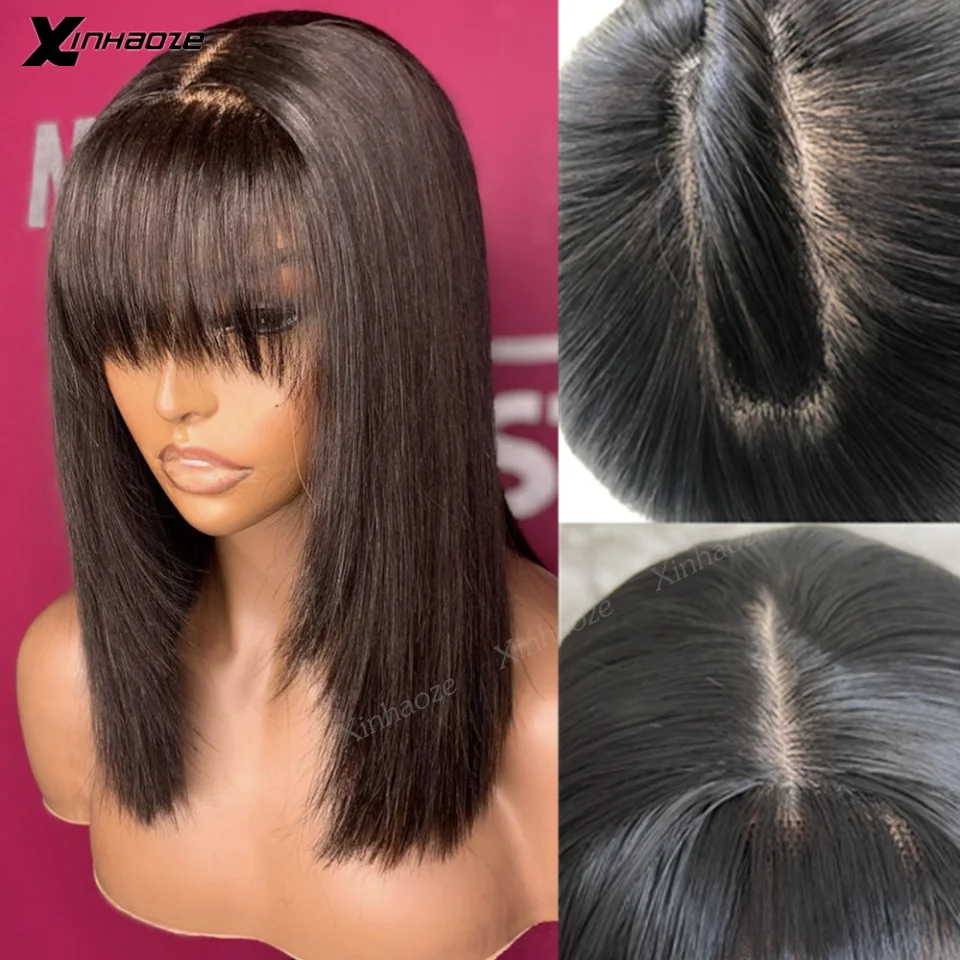 5x5 Silk Top Human Hair Wigs With Bangs Straight Hair Bob Wig 8-16