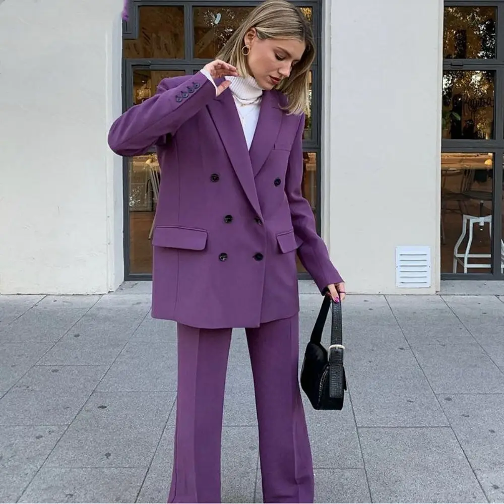 Loose Vintage Purple Women Pants Suits Peaked Lapel Wide Legs Trousers 2 Pieces Double Breasted Casual Fashion Young Blazer+Pant