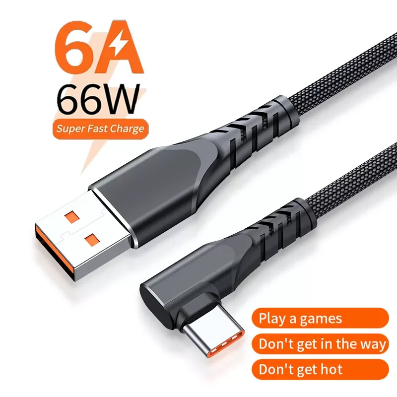 

6A 66W USB Type C Cable for Huawei P50 Pro Xiaomi 12 Pro Mi 11 Samsung S22 S21 90 Degree Elbow Fast Charging Data Cord for Game