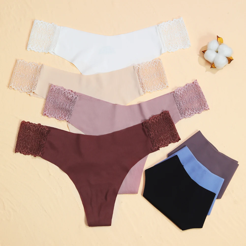 

3 Pieces/Set Sexy Ice Silk Thong Women's Seamless Cotton Side Ice Silk Pleated Lingerie Soft Lace Thong Low Waist Panties