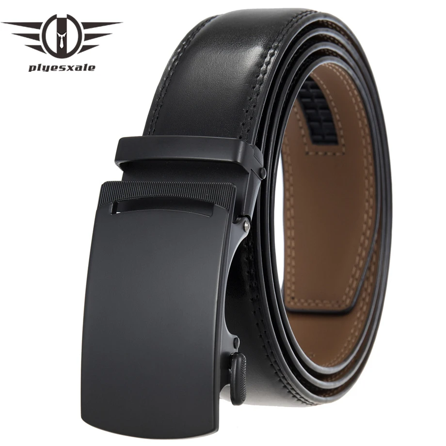 

Plyesxale Men's Belt Belts Genuine Leather Cowskin Waistband Man Gift Black Automatic Buckle For Suit Luxury Brand Ratchet B1045