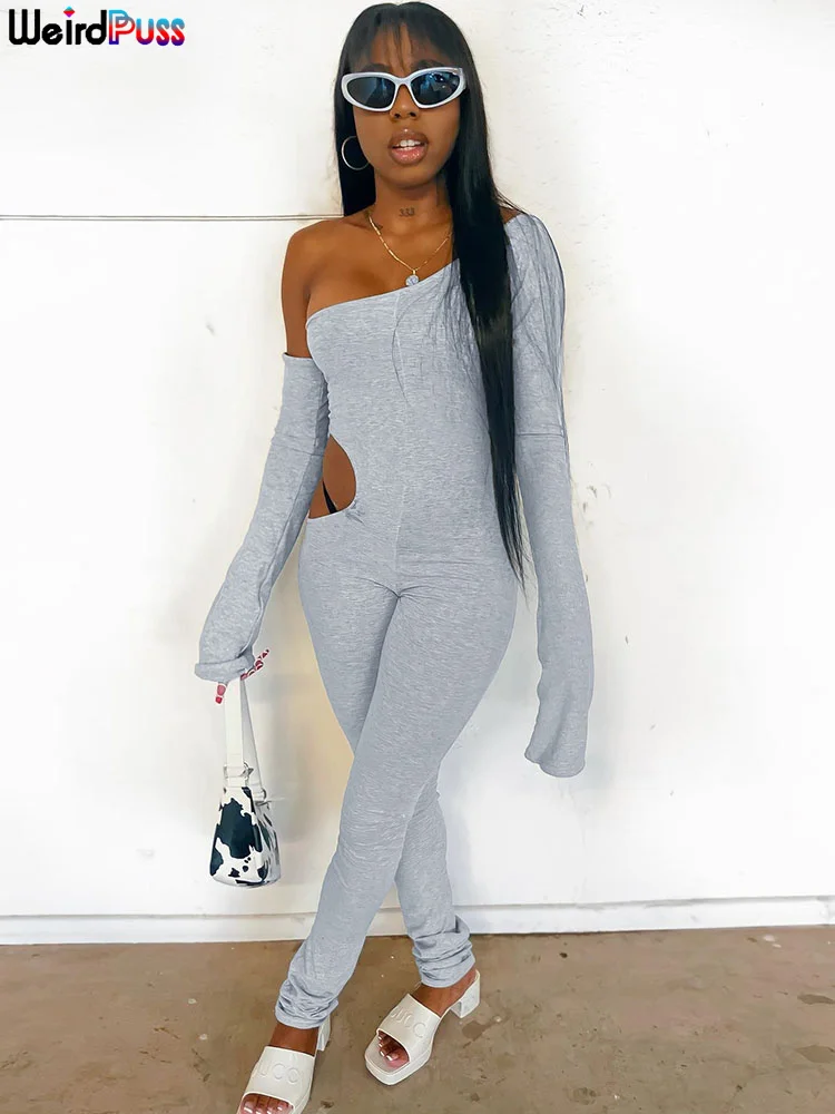 

Weird Puss Sexy Hollow Jumpsuit Women Fitness Diagonal Collar Off Shoulder Long Sleeve Elastic Activewear Party Workout Overalls