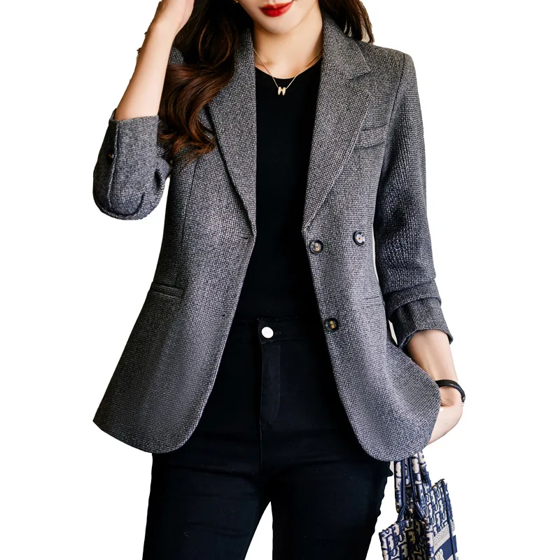 

High Quality Plaid Women Blazer Long Sleeve Single Breasted Office Ladies Business Work Wear Formal Jacket With Pocket
