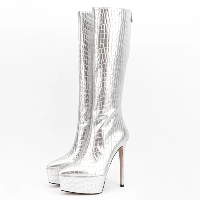 Med Shaft Boots Stone Print New Style Pointed Toe Platform High Heel Women Shoes Back Zipper Knee High Boots Autumn Winter