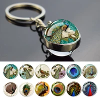 peacock glass ball keychain animal key chain holder car key rings peacock feather jewelry