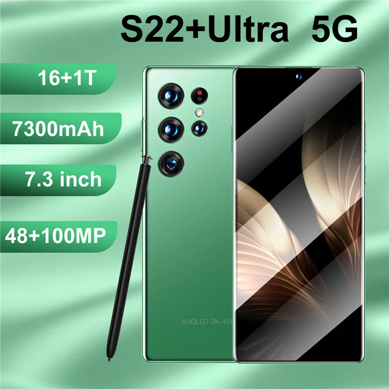 Новинка 2022, смартфоны S22 + Ultra 7,3 дюйма, 16 ГБ + ТБ, 7300 мАч, 4G/телефон с разблокировкой сетей, телефоны Android с двумя SIM-картами