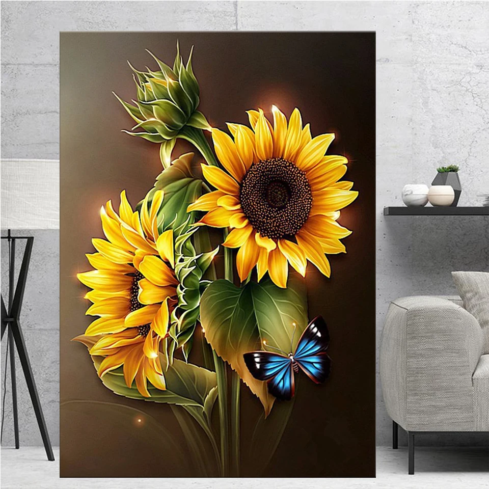 Полная алмазная живопись вышивка бисером бабочка на подсолнухе крестиком