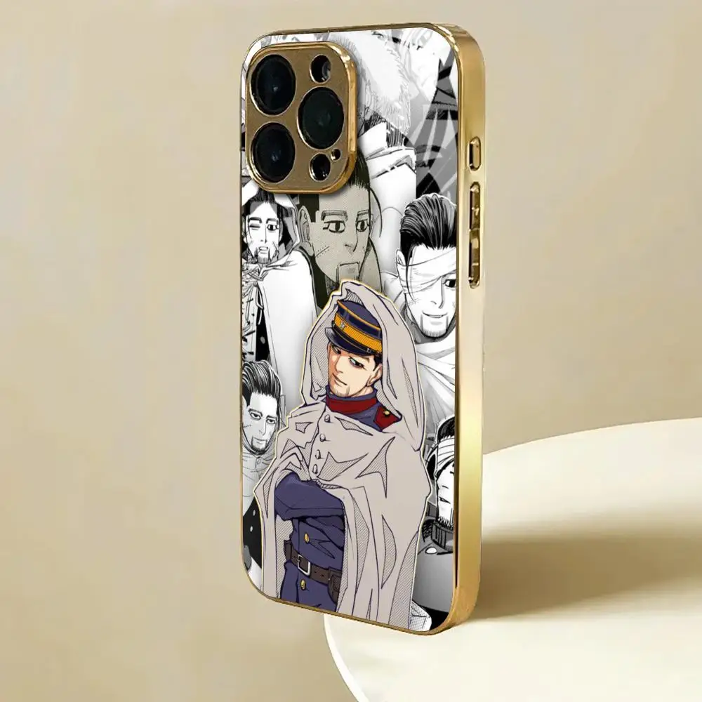 Фото Чехол для телефона GOLDEN KAMUY в стиле аниме для iPhone 17 AIR 16 15 14 13 12 Pro Plus Max, золотой, с гальваническим покрытием, стеклянный №3