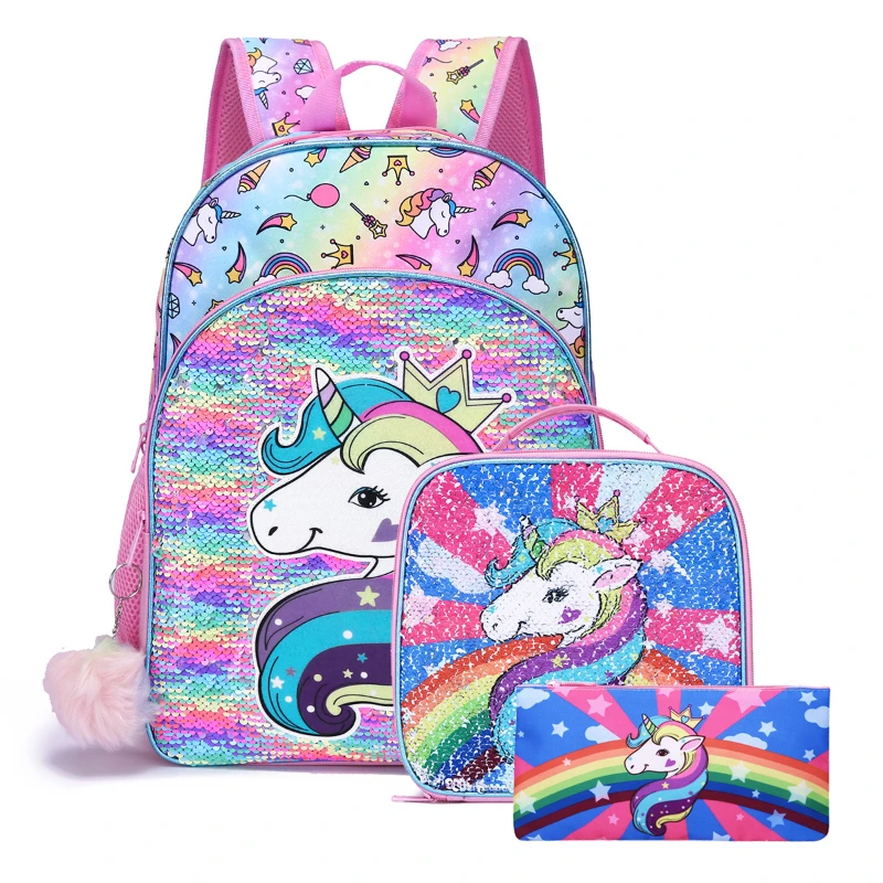 

Sequin School Book Bag For Children Unicorn School Bag Girls Backpacks 3PCS/Set Schoolbags Primary School Shoulders Bags