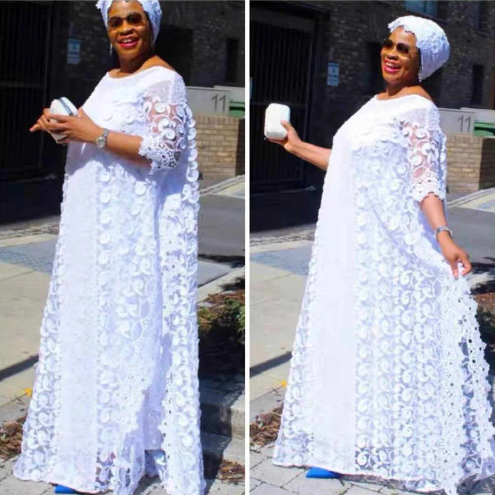 

Lace Dresses Fashion African Women Clothes Crochet Hollow Out O-neck Short Sleeve Boubou White Elegant Party Gowns Robe 2022 New