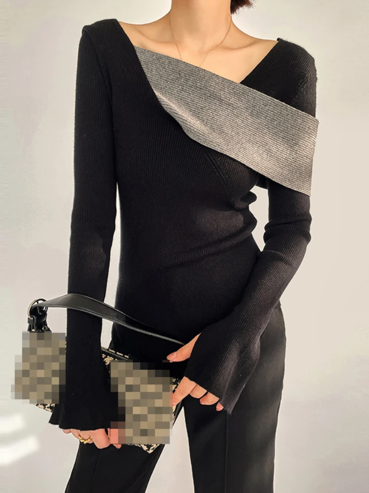 

Contrast Color New V-neck Asymmetric Design Shoulder Straps Around Knitted Sweater Women's Long-sleeved Bottoming Shirt Top
