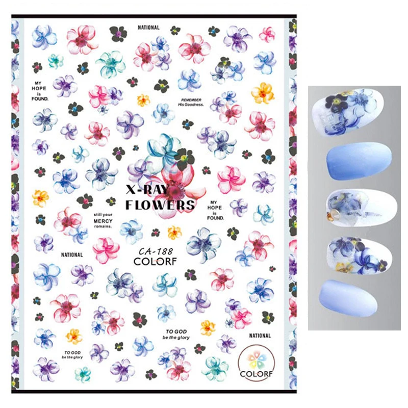 

Back Glue Stickers X-ray Color Flowers Watercolor Florals Nail Decals Decoration For Nail Art Manicure Beauty