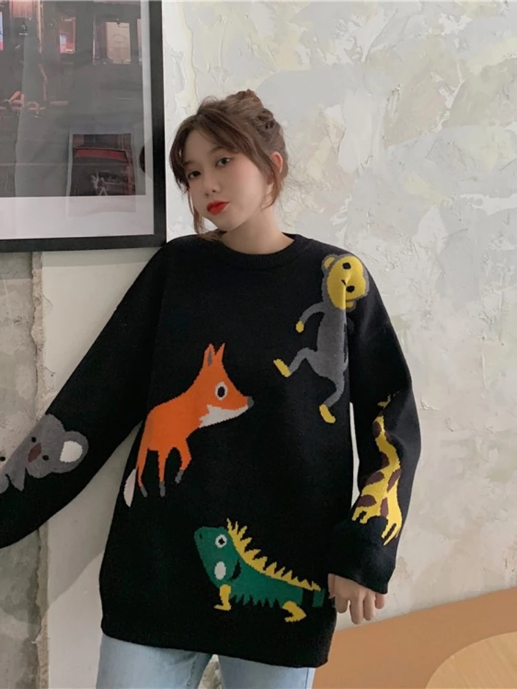 Cartoon Embroidery Oversized Sweater Women's Jumper Pullover Kawaii Long Sleeve O-neck Loose Knitted Sweater Winter 2022 Female