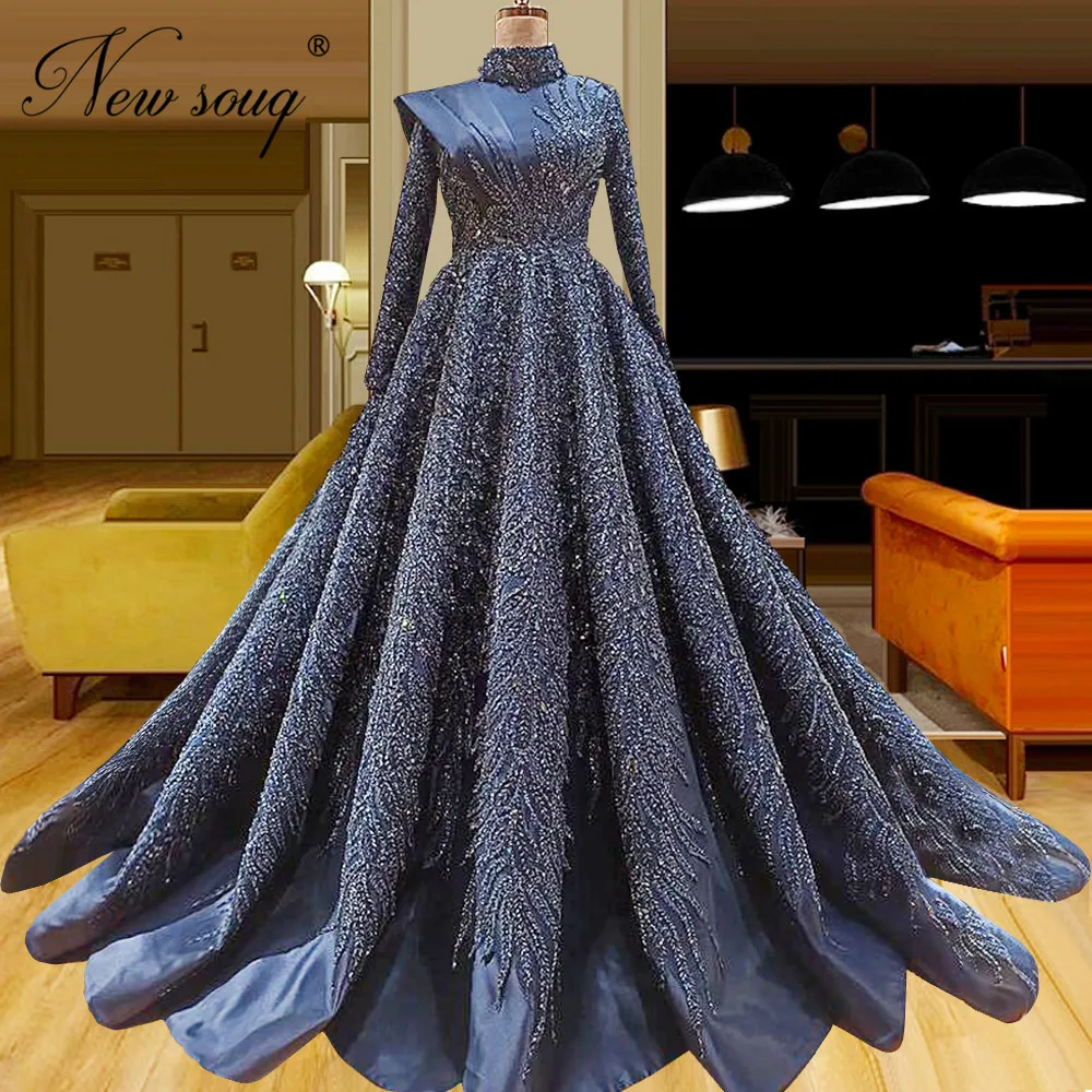 

Haute Couture Navy Blue Long Sleeves Evening Dresses Turkish Dubai Sweep Train Beading Prom Dress Wedding Party Engagement Gowns