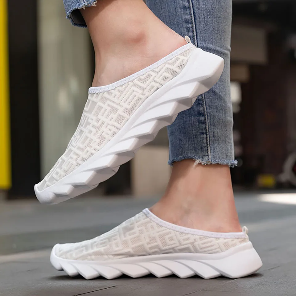 Loekeah Women Mesh Walking Shoes Breathable Non-Slip Flat Shoes Summer Soft Sole Half Slippers Light Slip on Casual Footwear