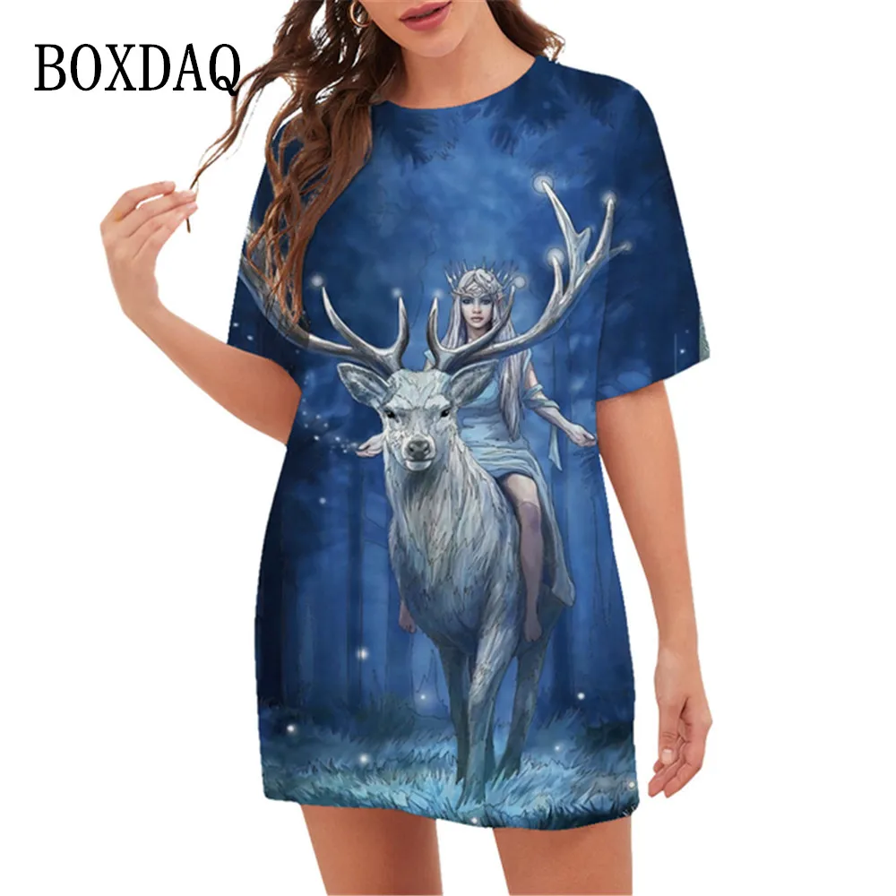

Женское платье с коротким рукавом, свободное мини-платье с круглым вырезом и 3D-принтом оленя