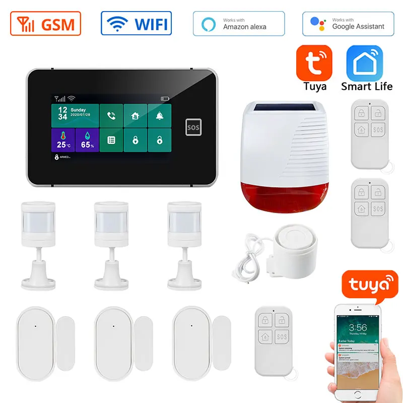 G60B Home Security WIFI GSM Tuya Alarm System 4.3Inch Touch Panel Color Infrared Sensor Solar Siren Alarm Kit Smart Burglar