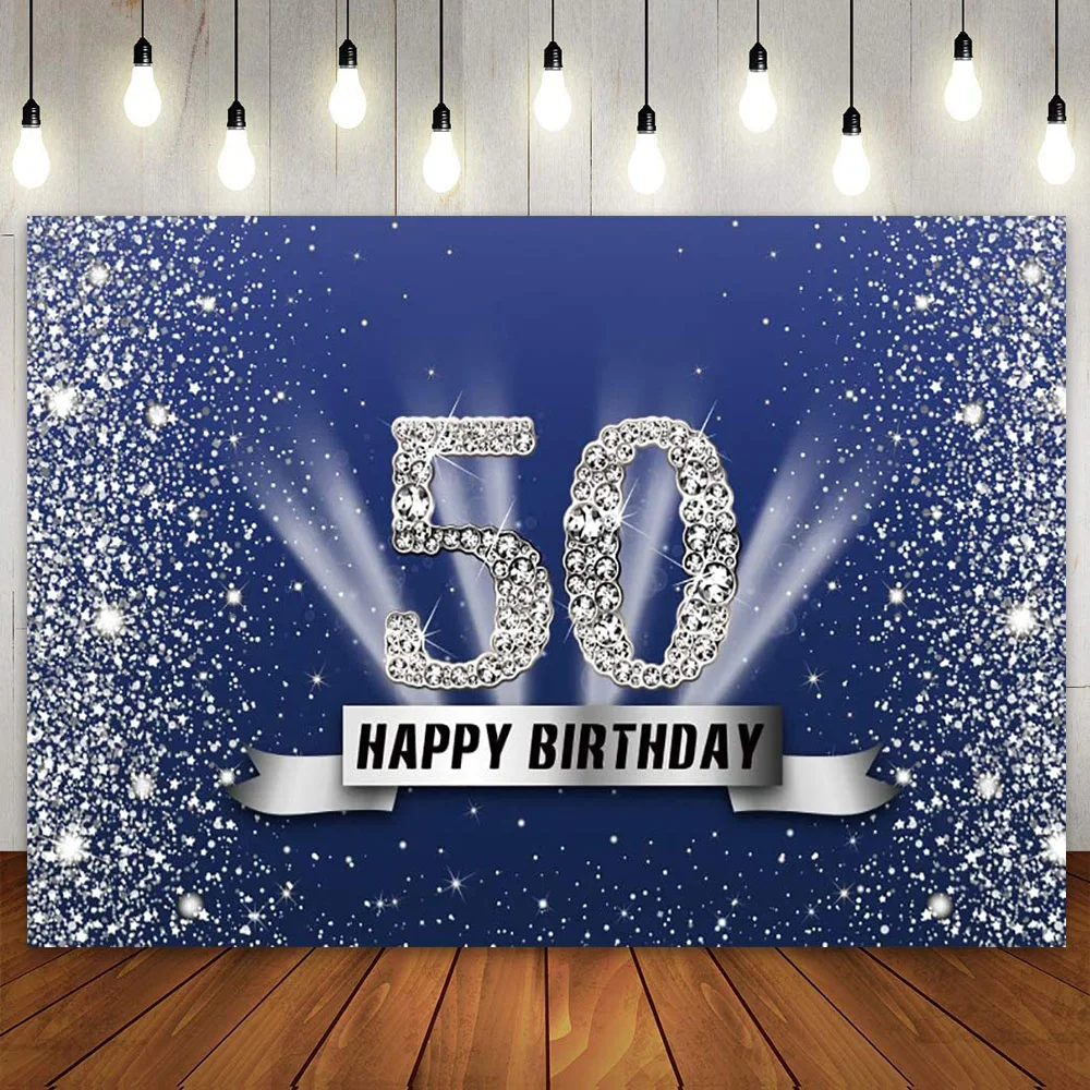Happy 50th Birthday Party Banner Backdrop Blue Silver Sequins Glitter Diamond Photography Backgroud Poster for Adult Men Women