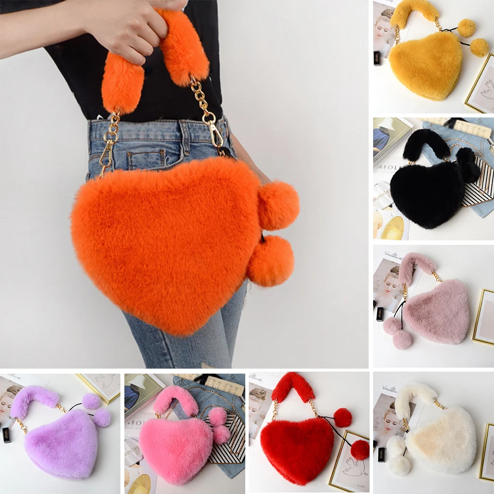 

Fashion Women's Heart Shaped Handbags Cute Faux Fur Crossbody Bags Wallet Purse Plush Chain Shoulder Bag Lady Handbag