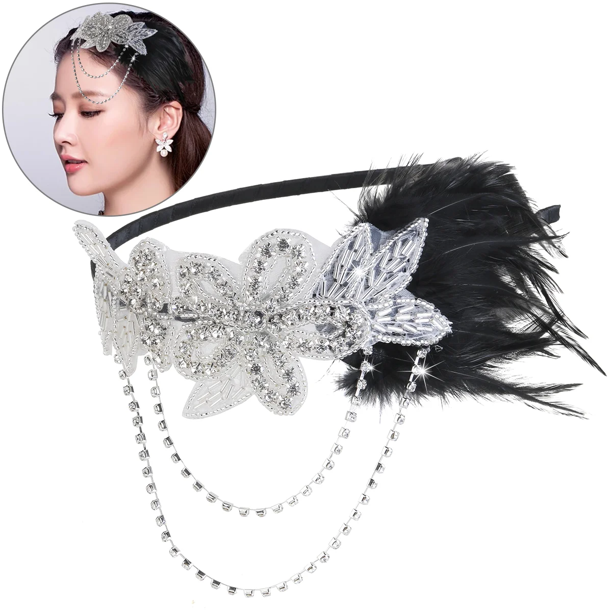 

Crystal Headband Flower Retro Black Reinestone Hairband Flapper Chain for Fancy Dress Party