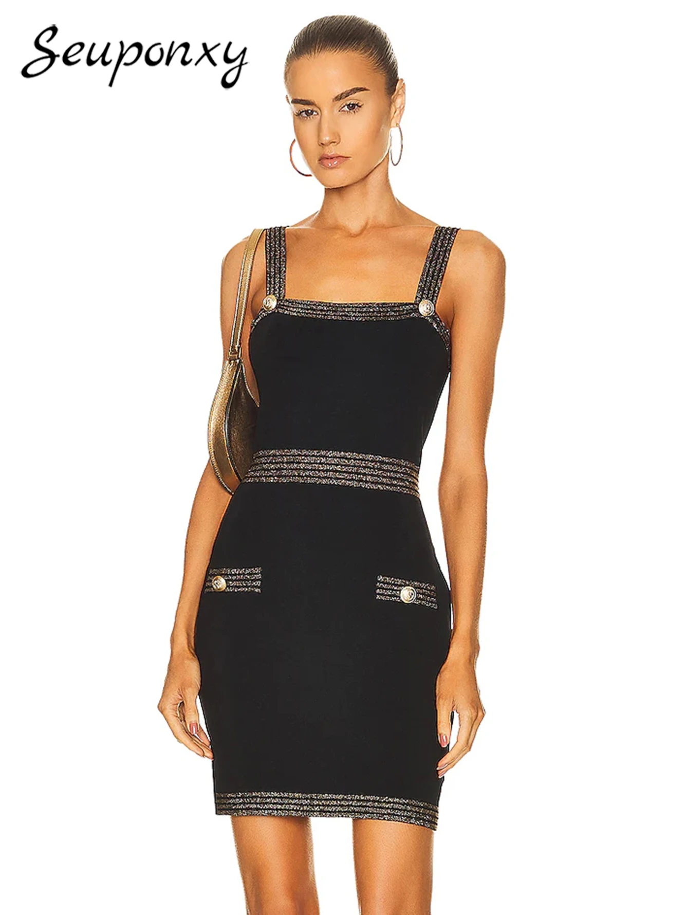 High Quality Women'S Fashion Black Sexy Spaghetti Strap Button Backless Bodycon Bandage Dress 2022 Elegant Evening Party Dress