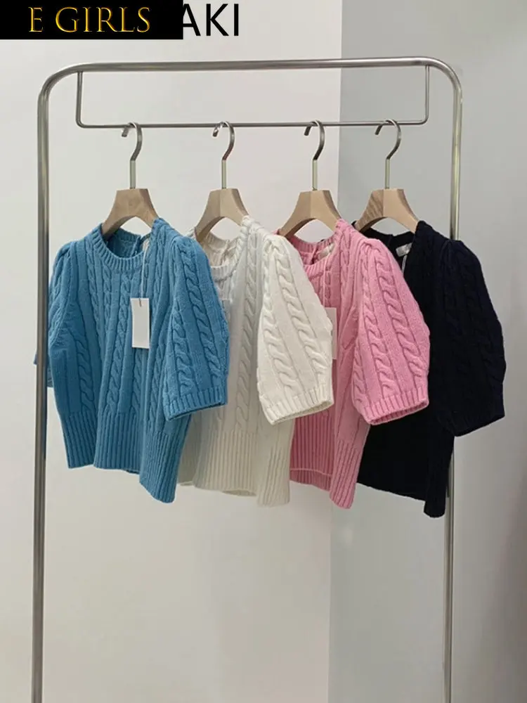 

E GIRLS Korean Style O Neck Puff Sleeve Sweaters Women Spring Summer 2023 New Loose Causal Knitted Tops Vintage Elegant Sweet Ju
