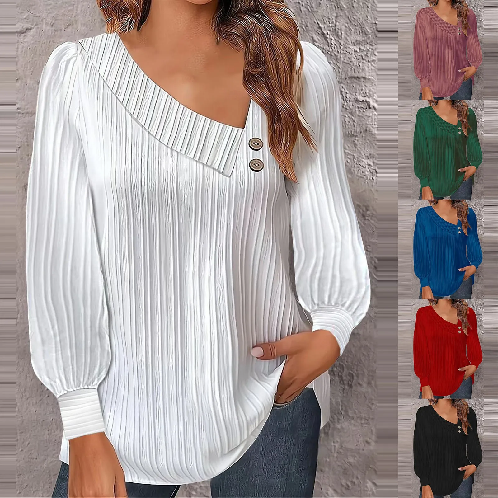 Рубашка женская однотонная с длинным рукавом и V-образным вырезом