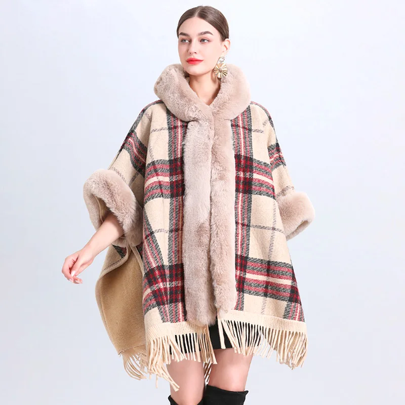 

Women Winter Fur Collar Plaid Poncho Tassel Cardigan Shawl Large Size Loose Hooded Coat Soft Elegant Christmas Warm Accessories