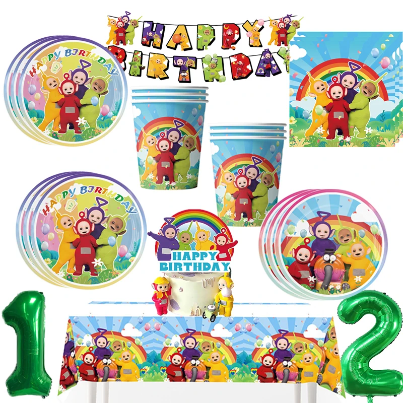 

Teletubbies Party Decoration Children's Birthday Paper Cups Plate Fork Knife Balloon Tablecloth Cake Flag Placement Kid Supplies