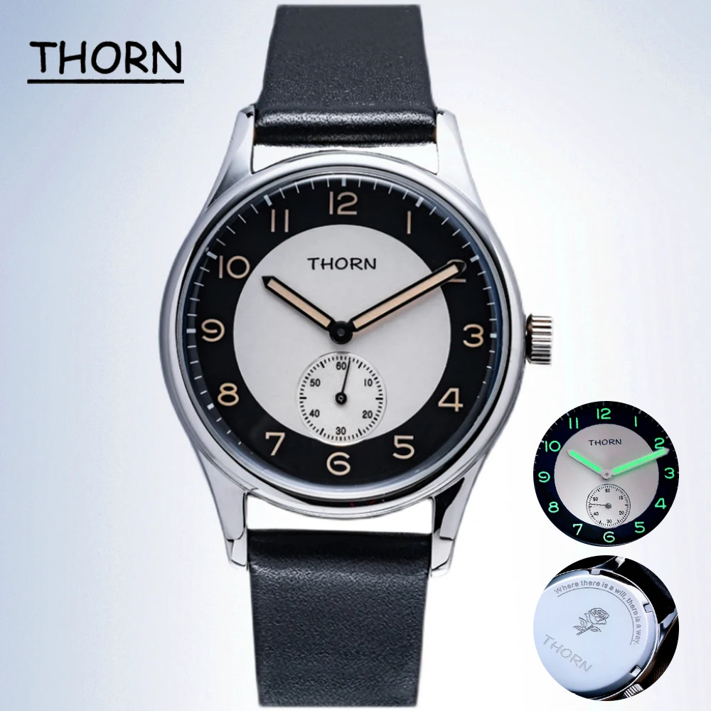 

Thorn 37.8mm Stainless Steel Retro Dress Watch Vintage Tuexdo Men Quartz Wristwatches Silver Dial Luxury Bussiness Luminous 5Bar