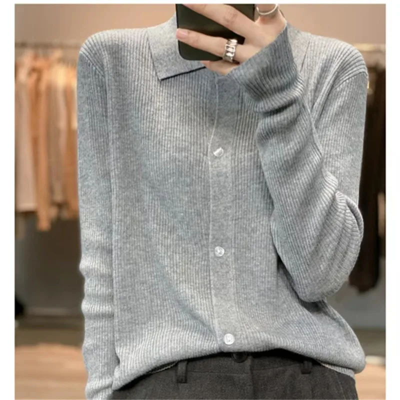 Лидер продаж 2024 женский кашемировый свитер вязаный кардиган с воротником-поло