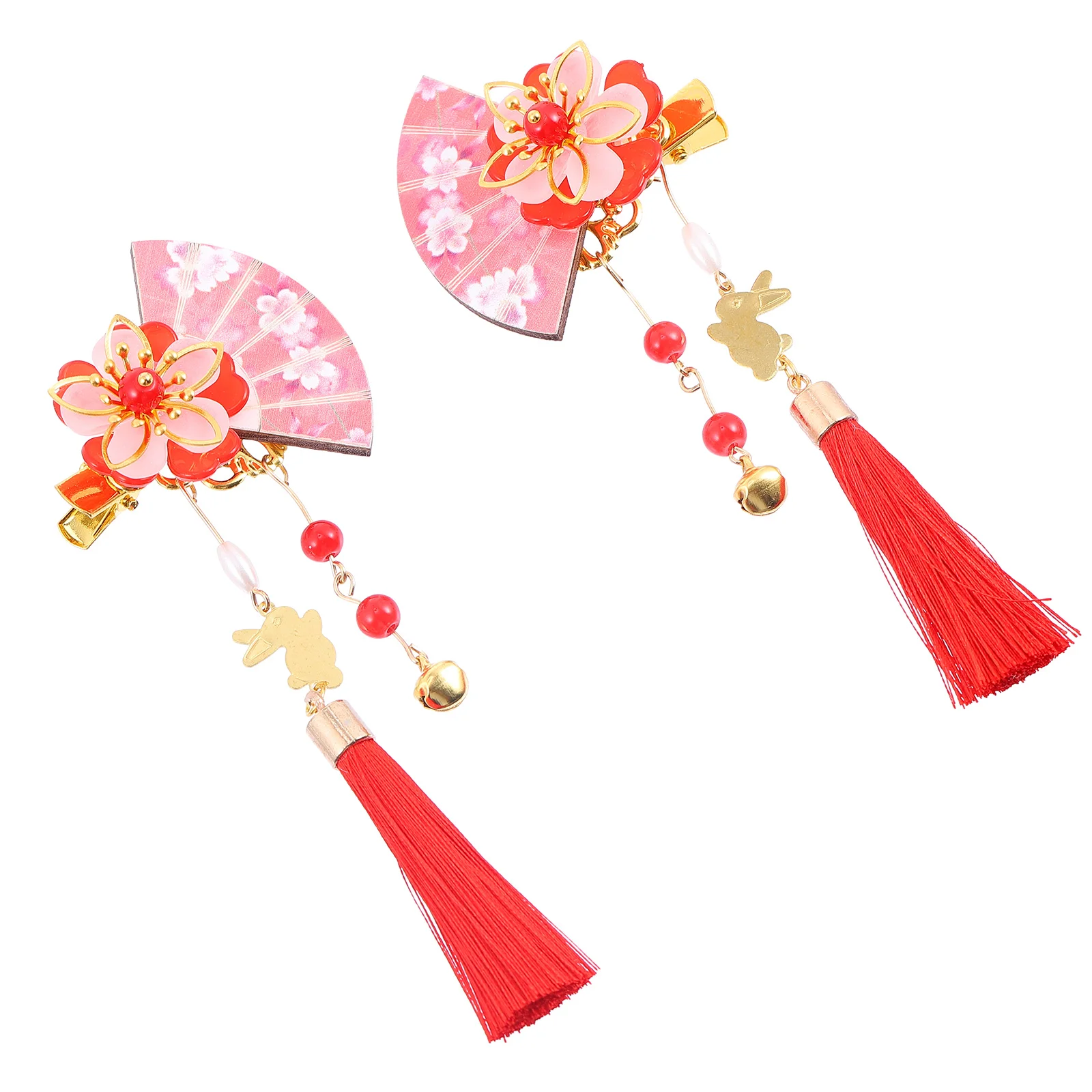 

2 Pcs Hairpin Tiara Women Wedding Japanese-style Clip Headgear Fan Shape Wooden Tassel Headdress Accessory Child