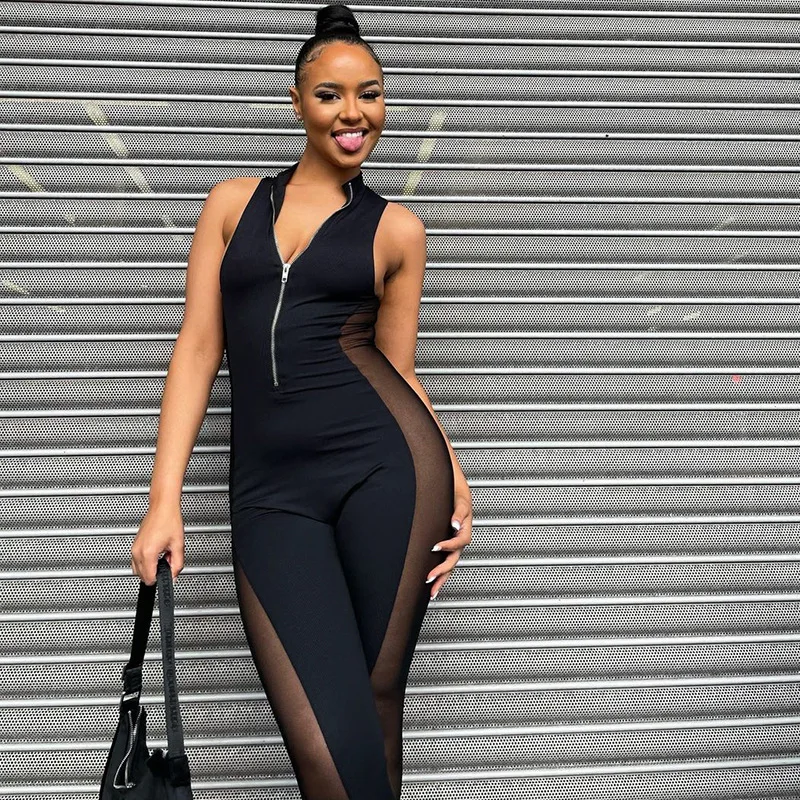 FTS Elegant Female Party Clothing One PiecePlaysuit Bodysuit Sleeveless Zip Stand Collar Sexy Mesh Leggings Women Jumpsuit